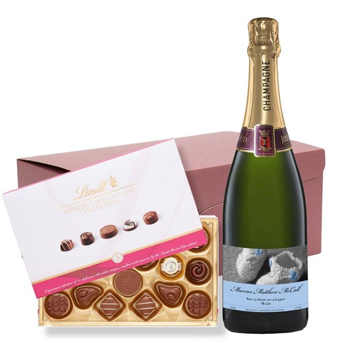 Personalised Champagne - Baby Boy Label and Lindt Master Chocolatier Hamper – Premium Gift